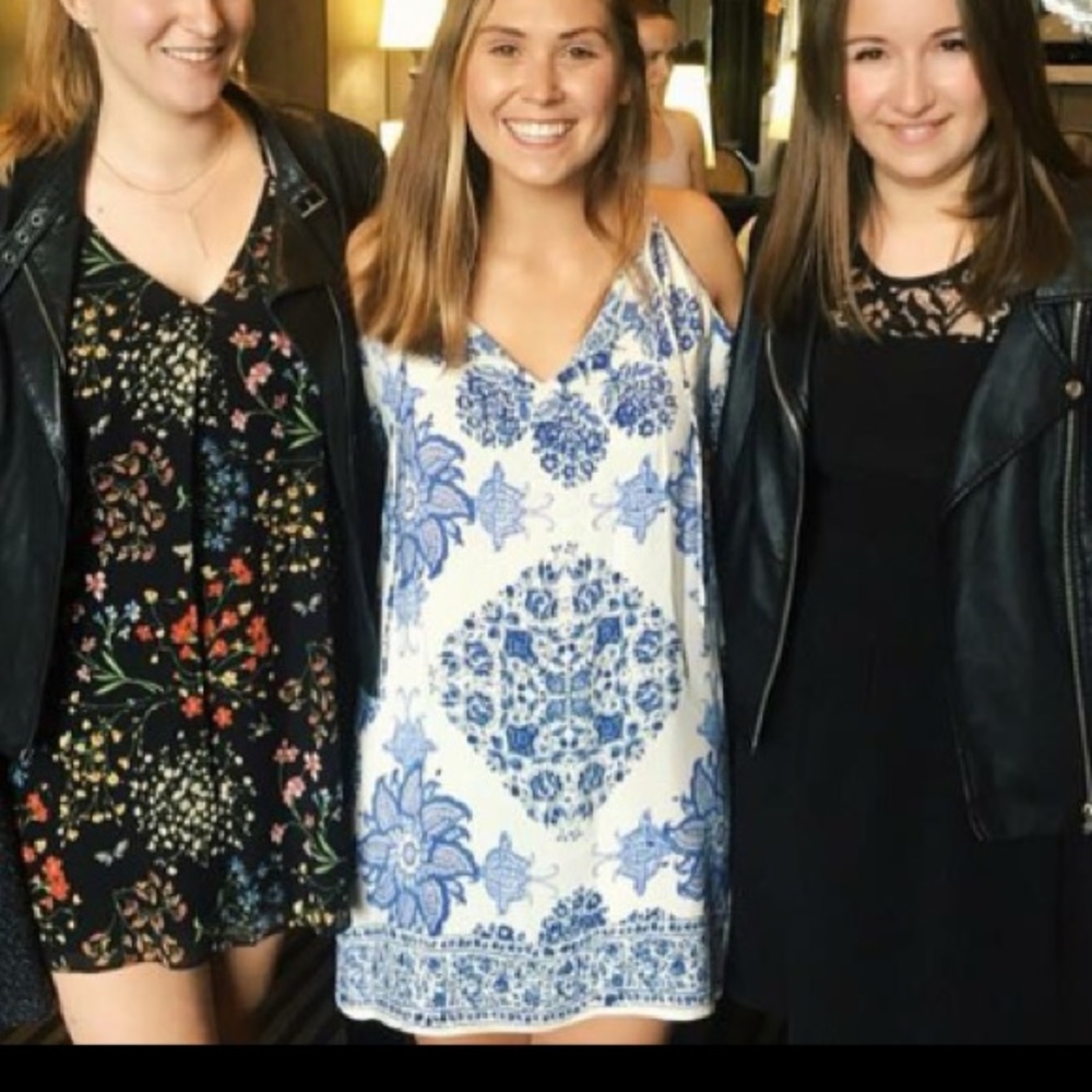 Blue & White Open Shoulder V Neck Boho Dress